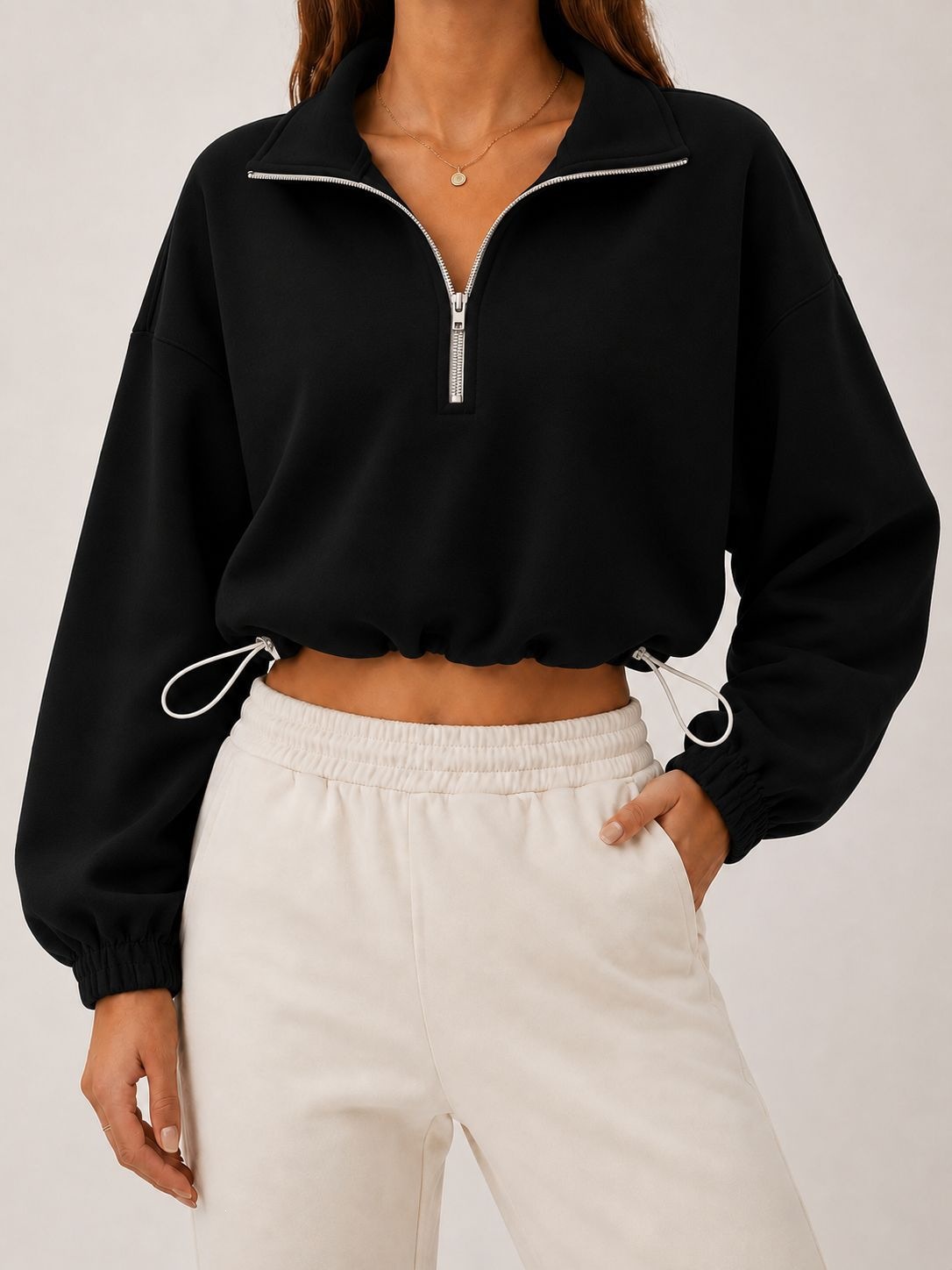 Women's Solid Half-Zip Collared Cropped Hoodie with Drawstring Waist