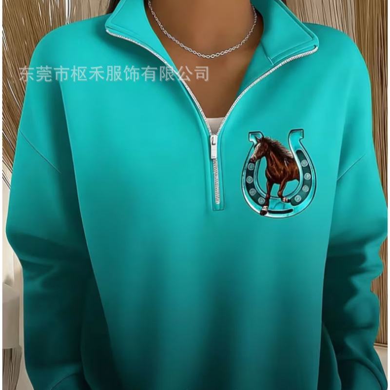 Women's Half-Zip Horse Track Print Hoodie