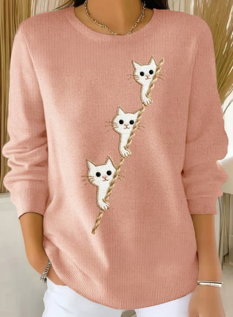 Women's Cat Ladder Print Crewneck Sweatshirt