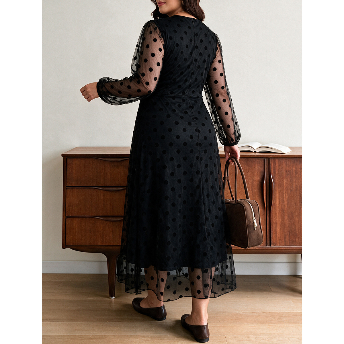 Women's Black Polka Dot Mesh Long Sleeve Dress with Sheer Puff Sleeves and Round Neck