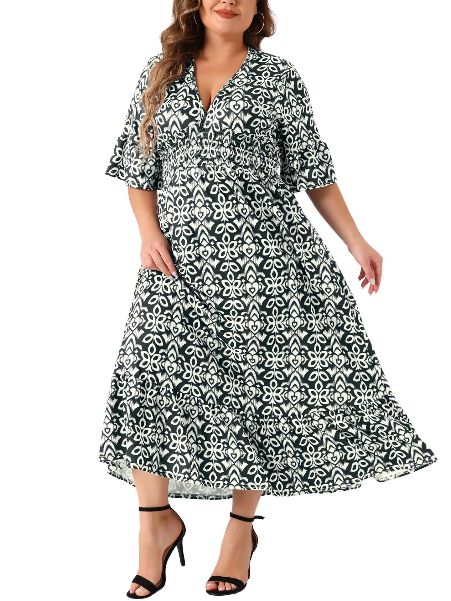 Women's Sleeveless A-Line Long Dress with U-Neck and Geometric Print