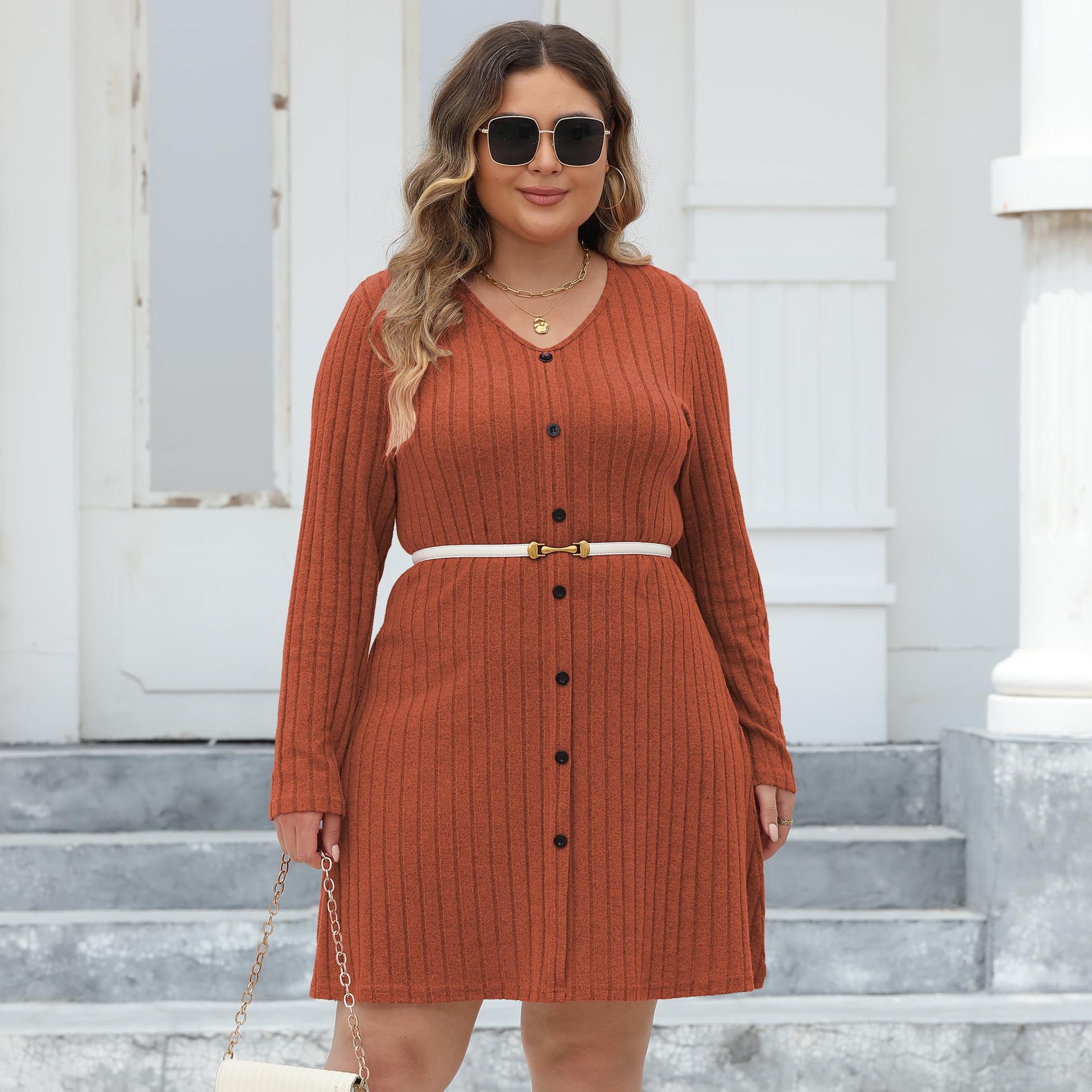 Women's Casual A-Line Ribbed Knit Dress with Button Detail and Deep V-Neck