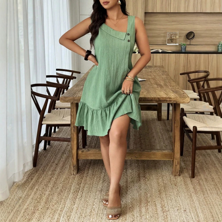 Sleeveless Asymmetric Neckline Casual Tank Dress