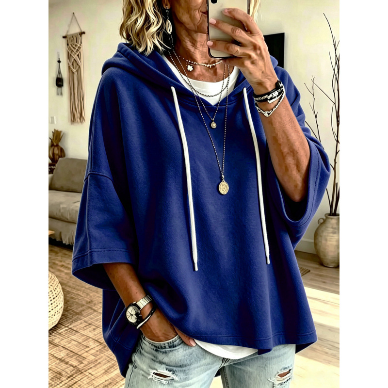 Women's Solid Color Hooded Pullover Sweatshirt with Three-Quarter Sleeves