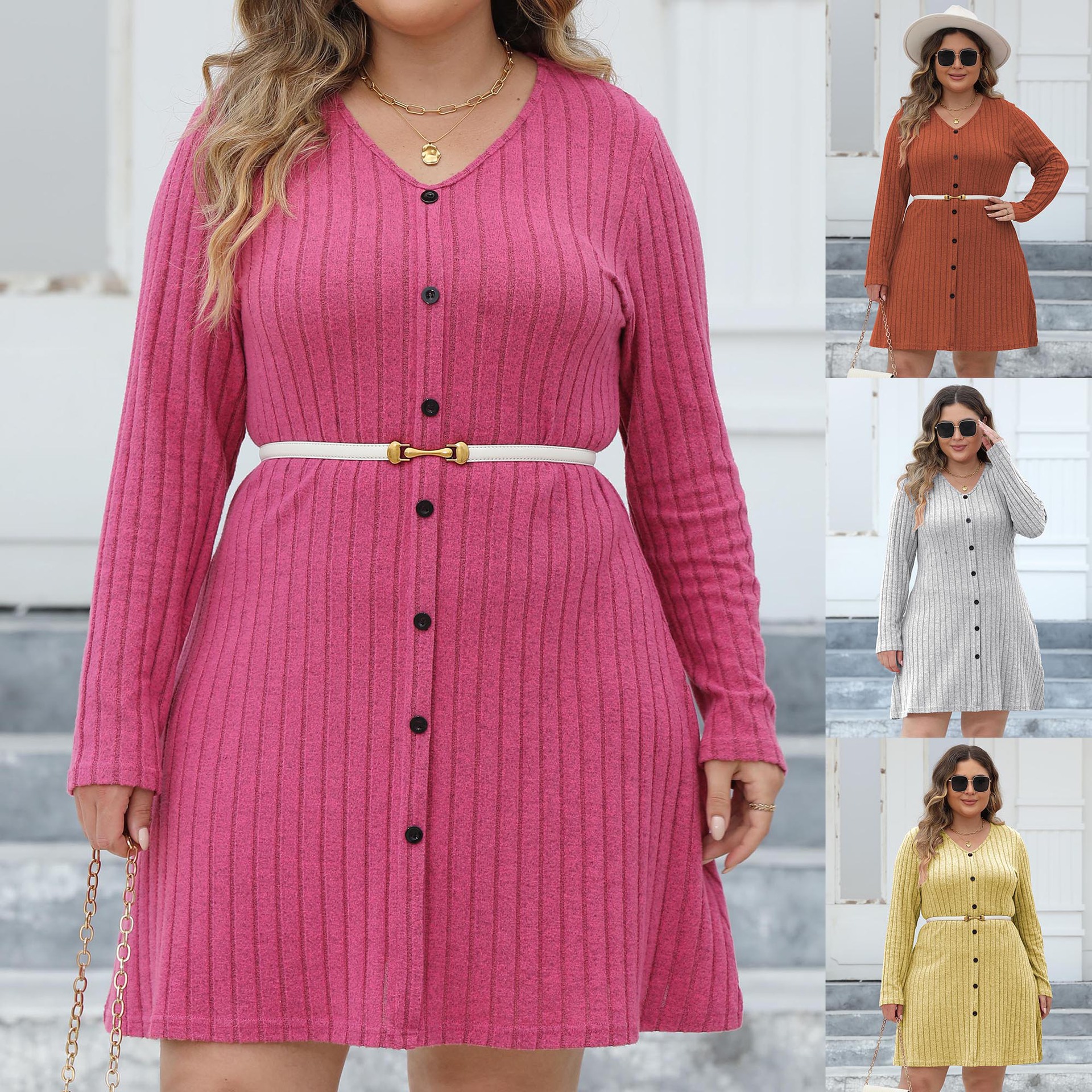 Women's Casual A-Line Ribbed Knit Dress with Button Detail and Deep V-Neck