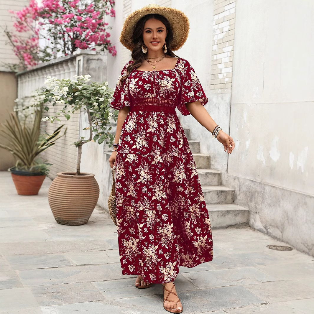 Custom Vintage Square Neck Floral Print Short Sleeve Dress