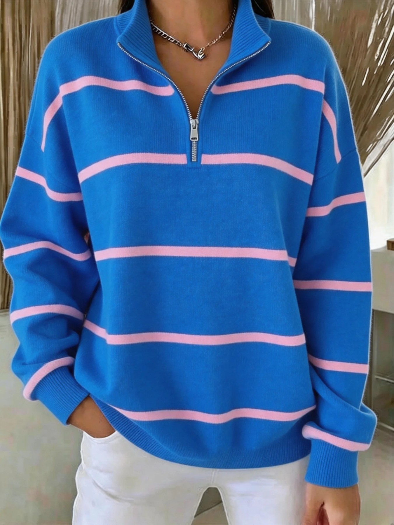 Striped Print Half-Zip Stand Collar Hoodie
