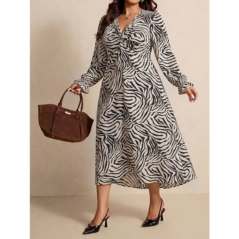 Women's Zebra Print V-Neck Long Sleeve Midi Dress