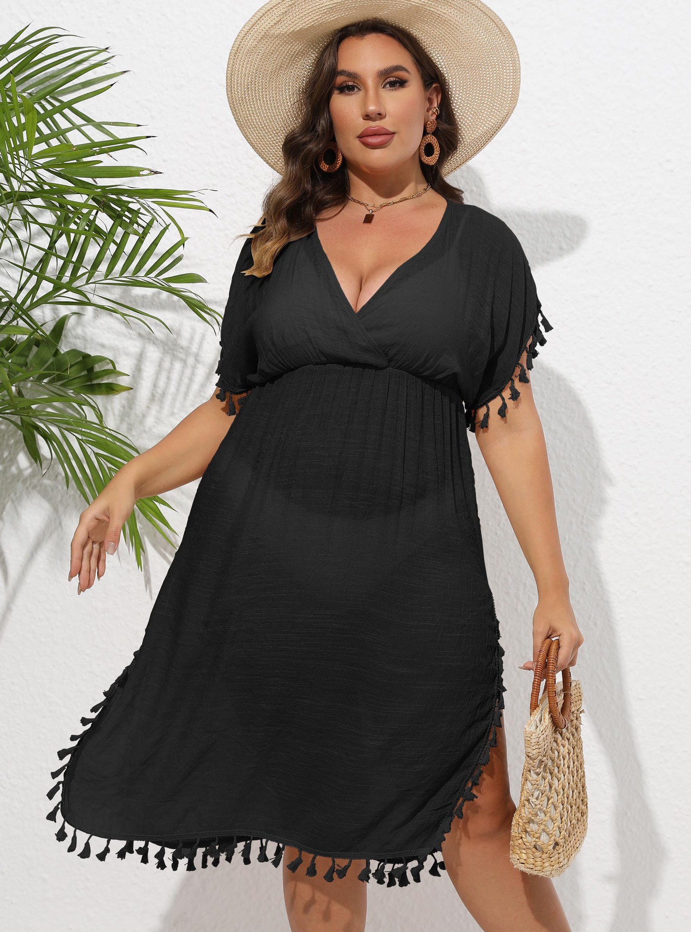Women's Tassel Fringe Deep V-Neck Waist-Cinching Beach Cover-Up Dress