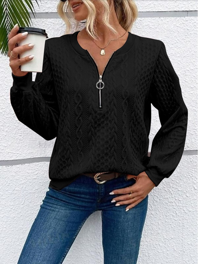 Women's Casual Pullover Sweatshirt with Zip and Crew Neck Long Sleeve