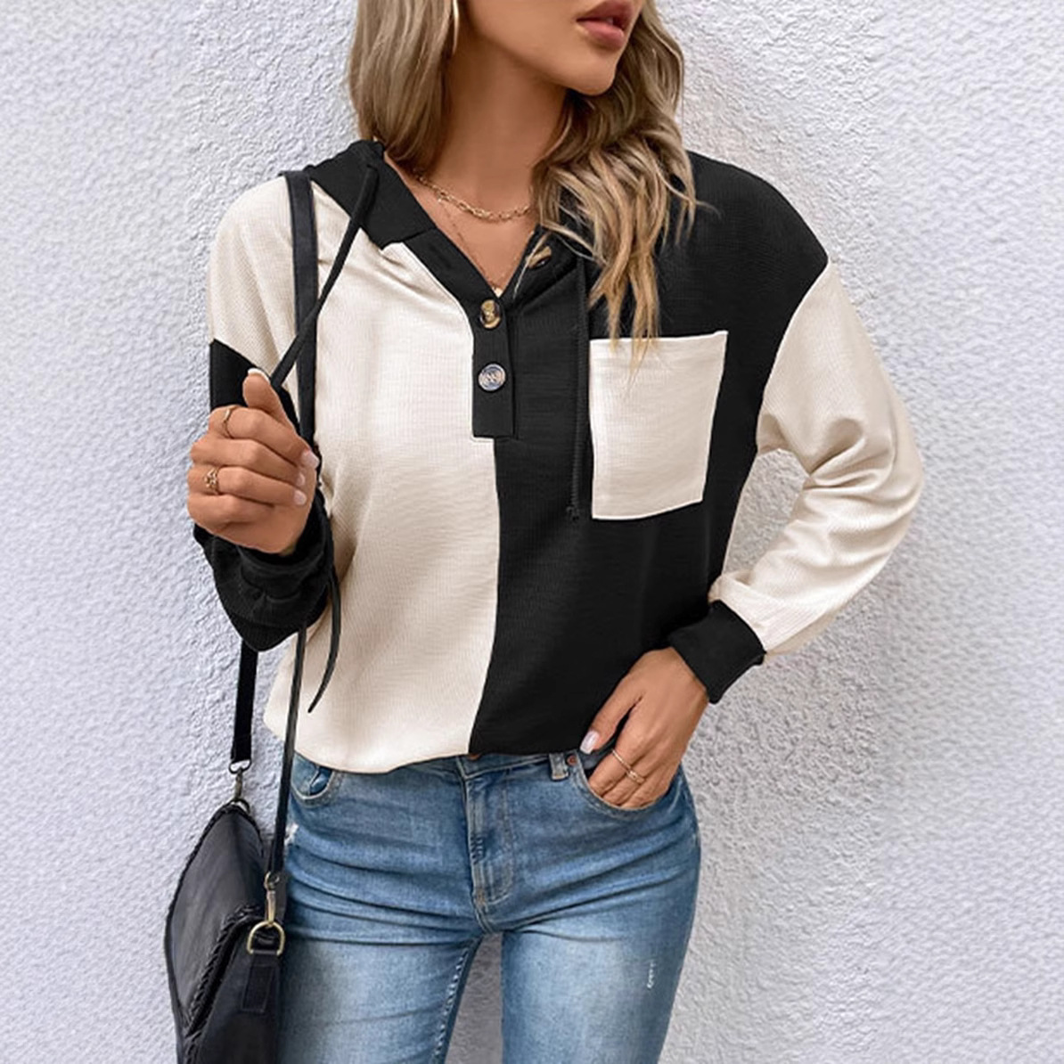 Colorblock Drawstring Drop Shoulder Hooded Sweatshirt