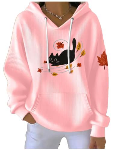 Women's Cat & Maple Leaf Print Casual Hoodie