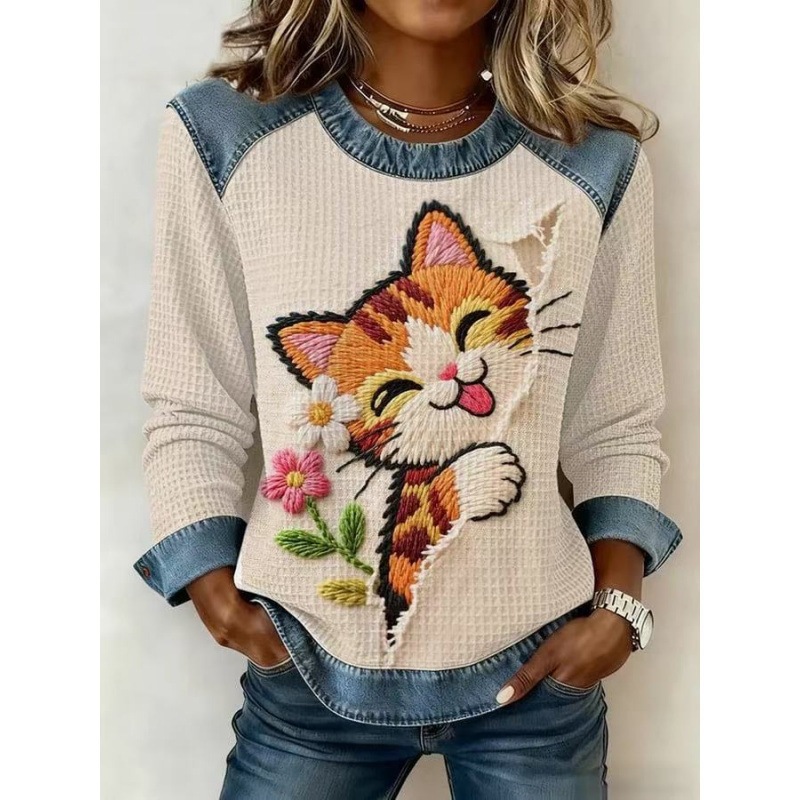 3D Print Colorblock Denim Collar Pullover Sweatshirt Women's Long Sleeve Loose Fit