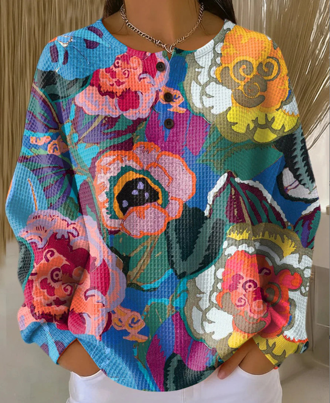 Women's Christmas Floral Print Button Sweatshirt