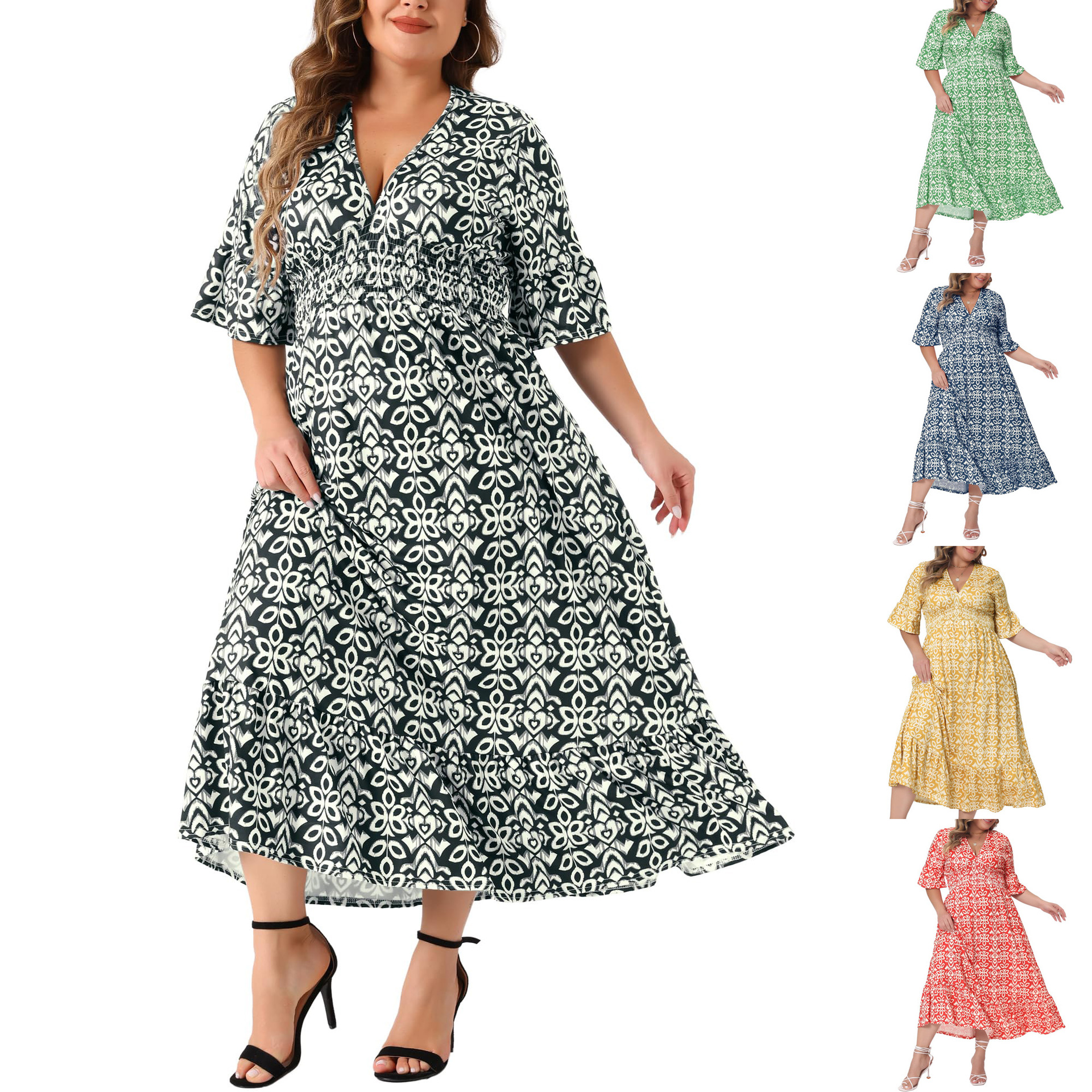Women's Sleeveless A-Line Long Dress with U-Neck and Geometric Print
