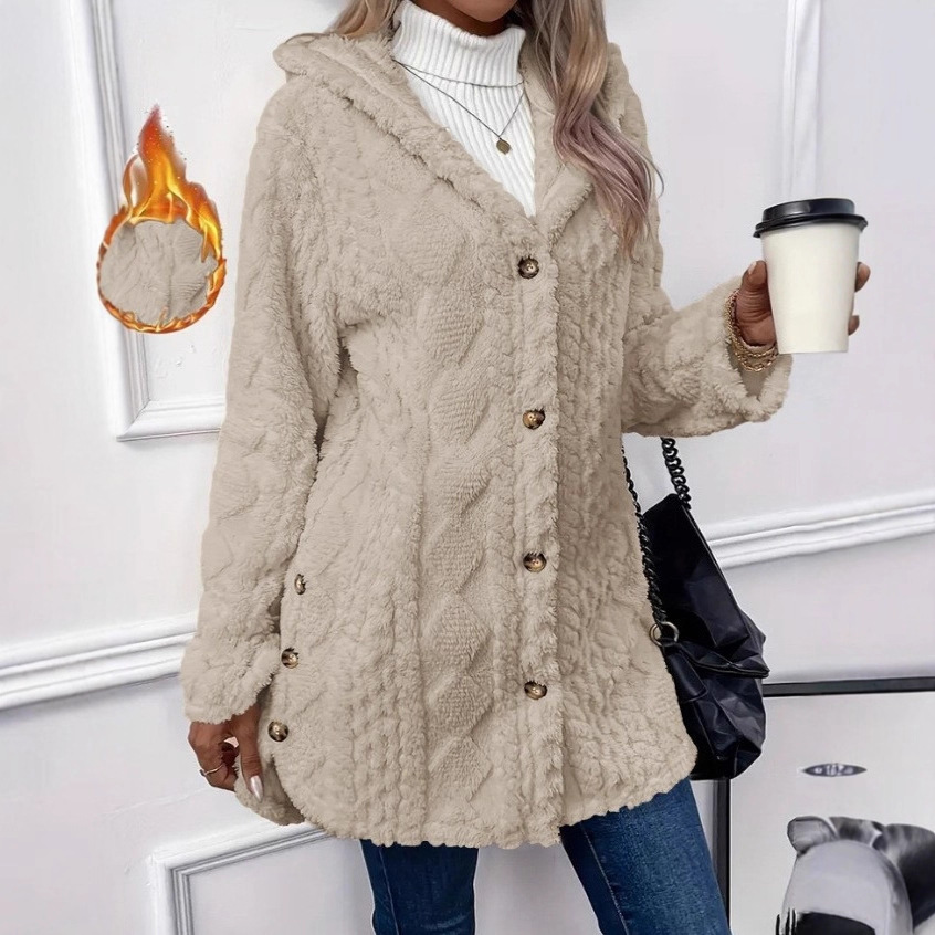 Women's Hooded Double-Sided Fleece Cardigan Long Sleeve Warm Casual Coat