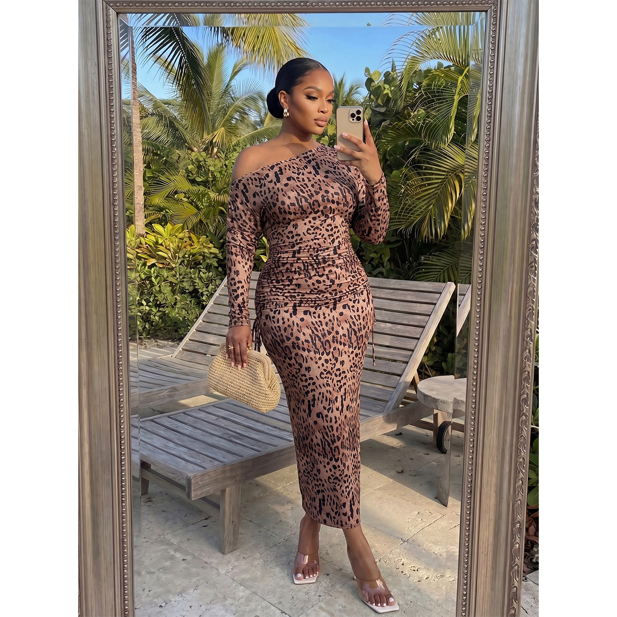 Women's One-Shoulder Leopard Print Long Sleeve Bodycon Dress