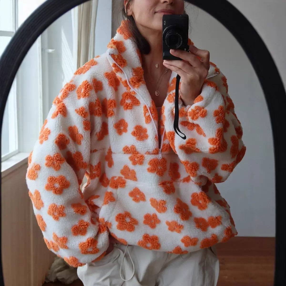 Women's Faux Shearling Floral Print Loose Zip Hoodie Long Sleeve Top