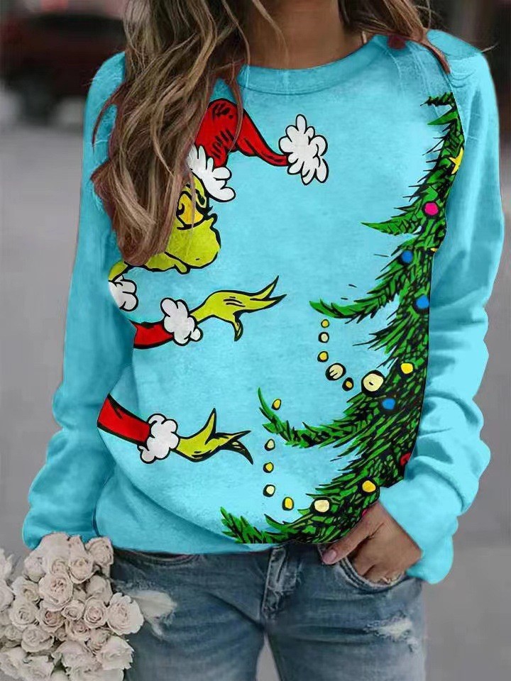Women's Christmas Tree Grinch Reindeer Print Crewneck Sweatshirt