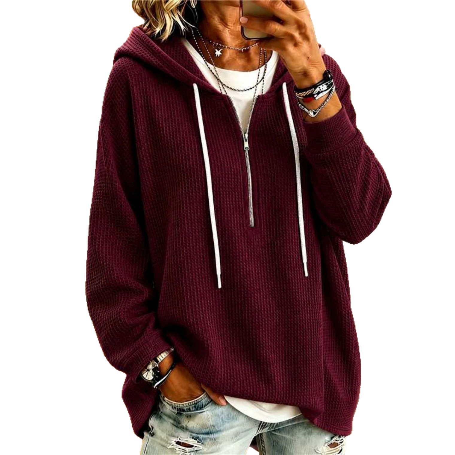 Women's Waffle Knit Drawstring Hooded Sweatshirt Loose Zip-Up Long Sleeve Top