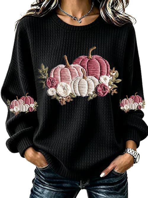 Ribbon Letter Print Crewneck Long Sleeve Waffle Sweatshirt for Women
