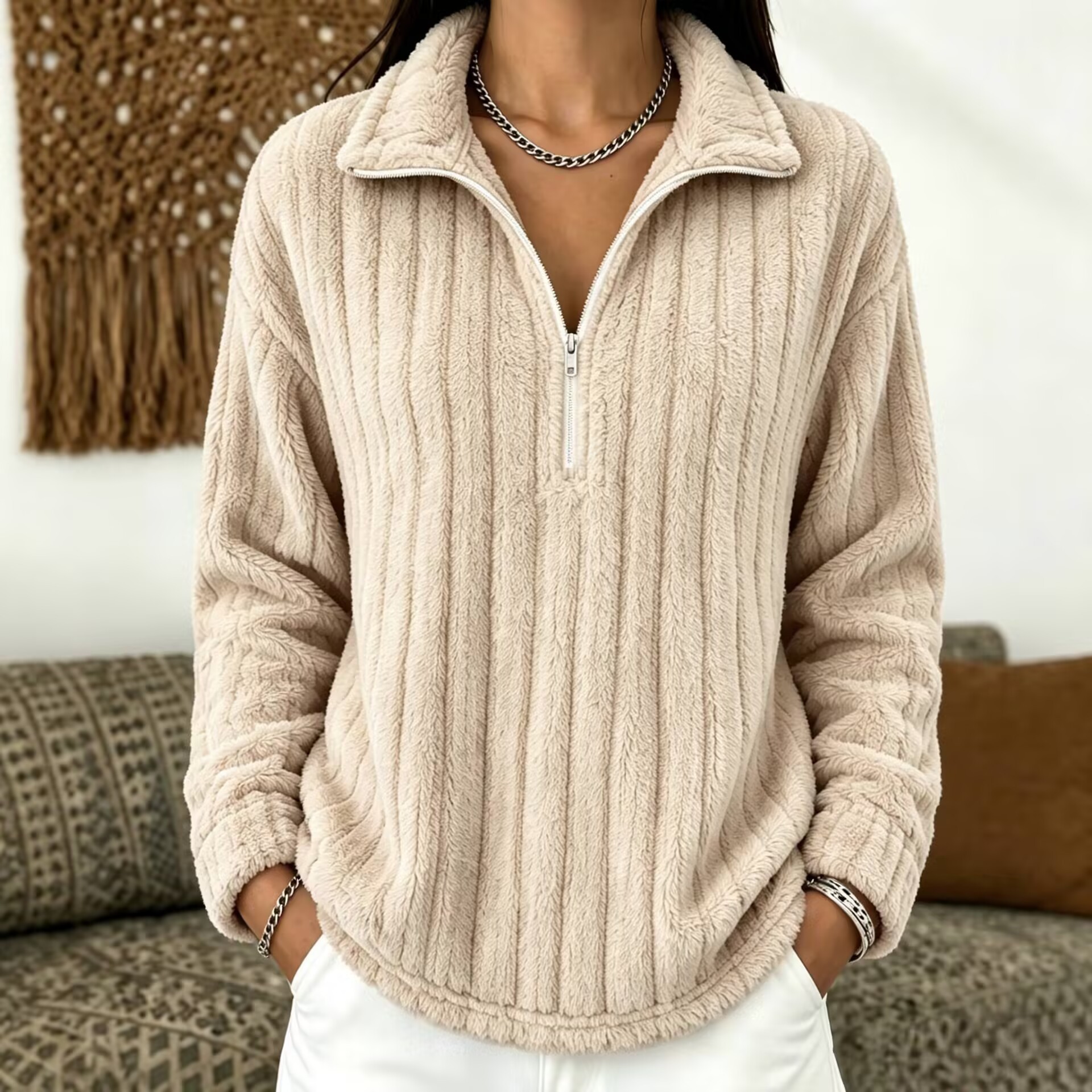 Women's Half-Zip Fleece Pullover Stand Collar Loose Fit Long Sleeve Warm Sweatshirt