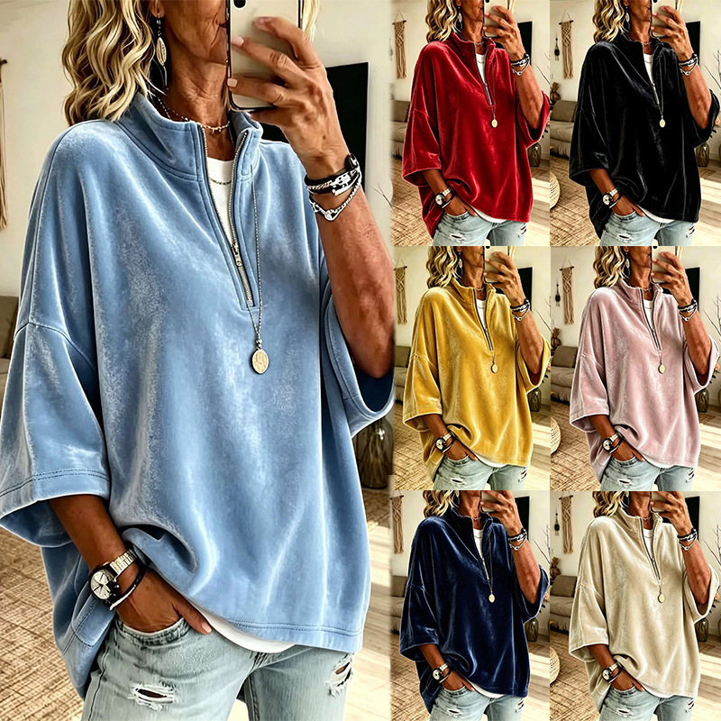 Women's Velvet Turtleneck Top with 7/8 Sleeves and Zip