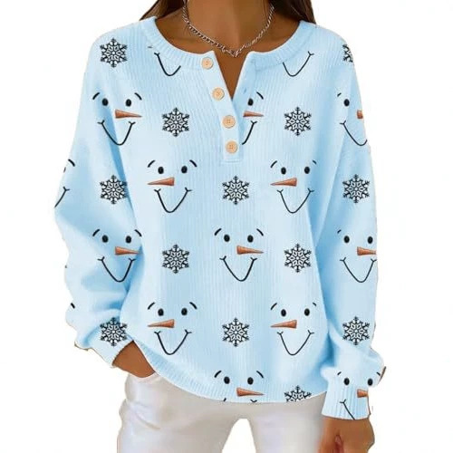 Women's Snowman Carrot Snowflake Smiley Print Button Sweatshirt