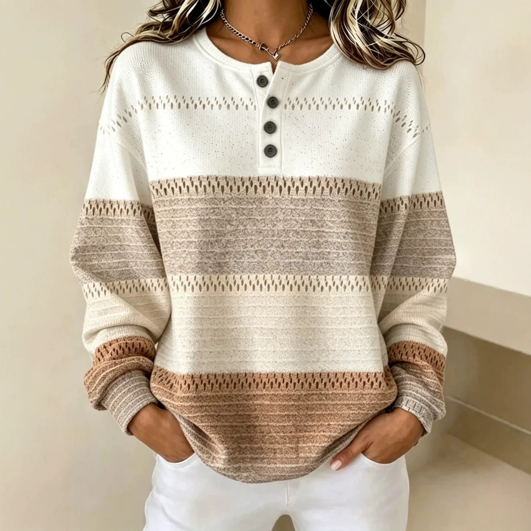 Women's Striped Print Buttoned Casual Hoodie
