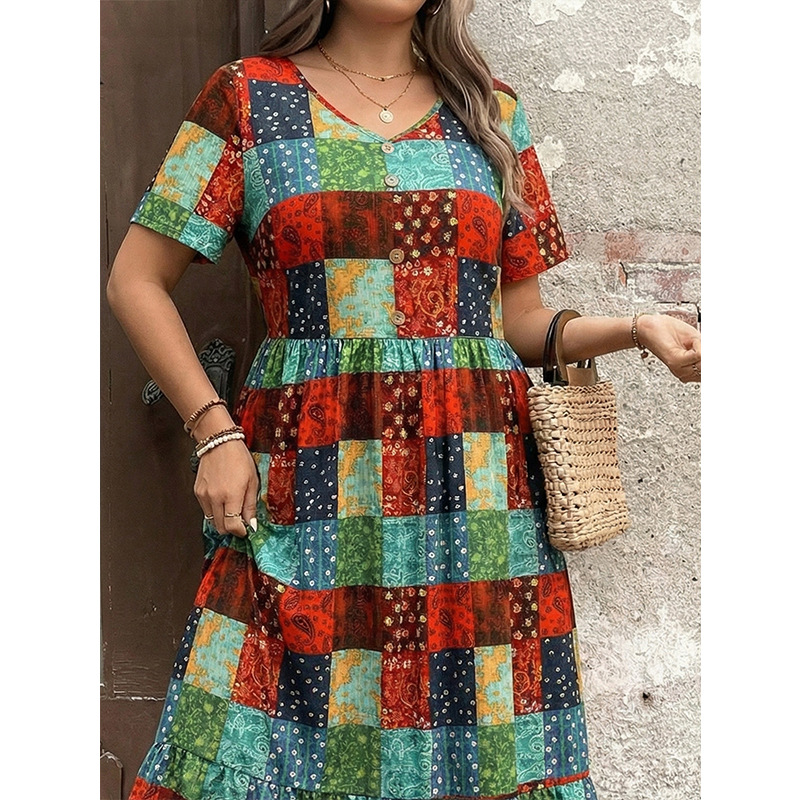 Printed V-Neck Short Sleeve Cinched Waist Flowy Midi Dress