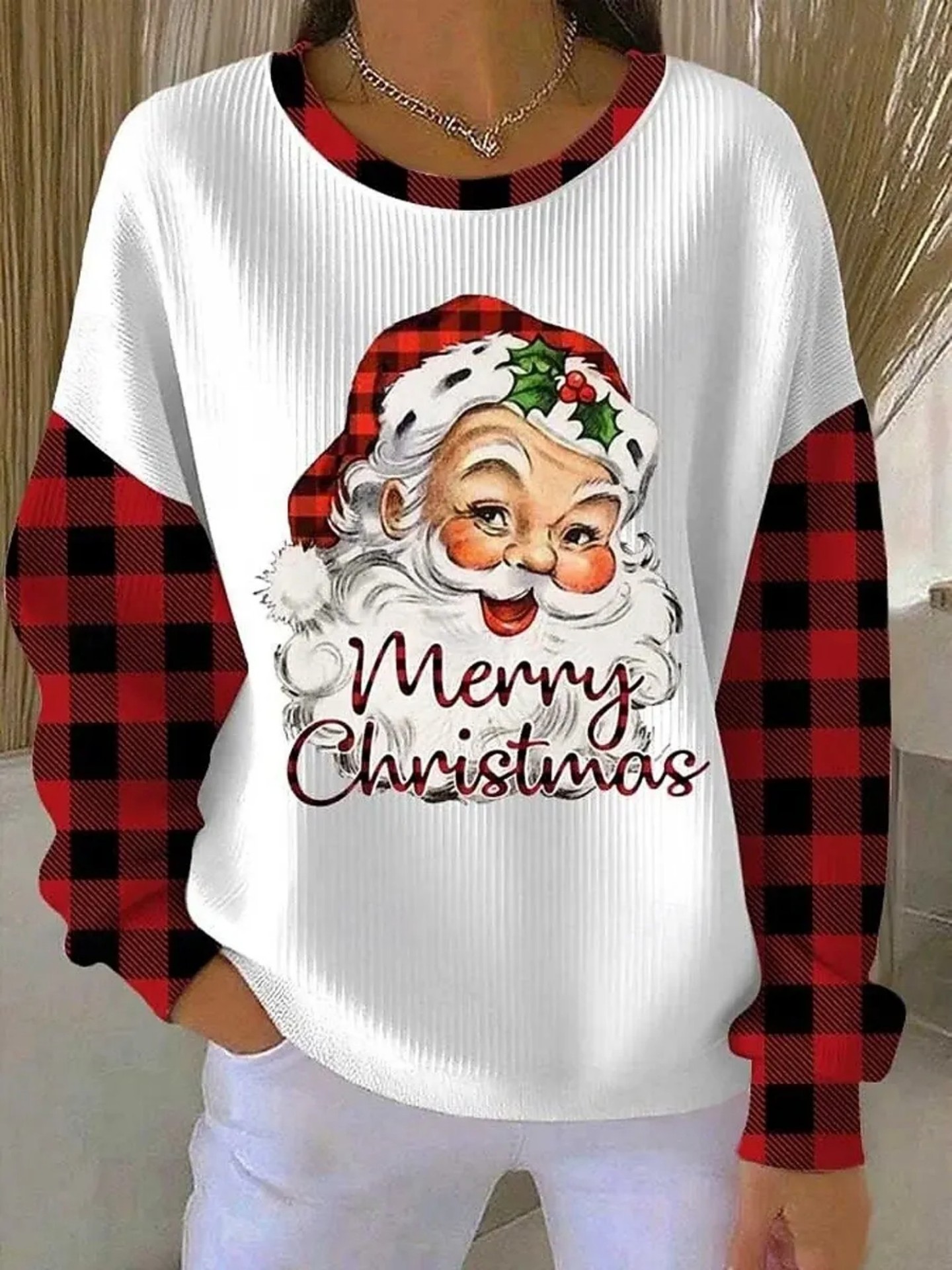 Women's Christmas Bow Plaid Print Crewneck Sweatshirt