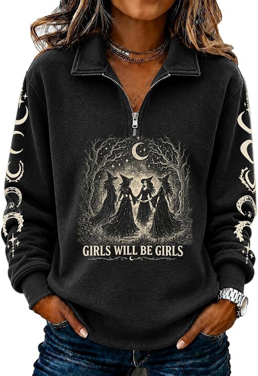 Women's Half-Zip Halloween Witch Skull Print Hoodie