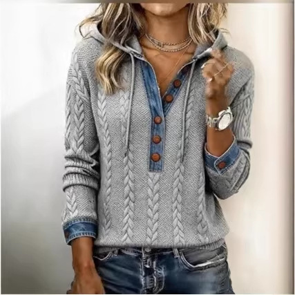 Cable-Knit 3D Hoodie with Washed Denim Splicing, Thick Loose Fit