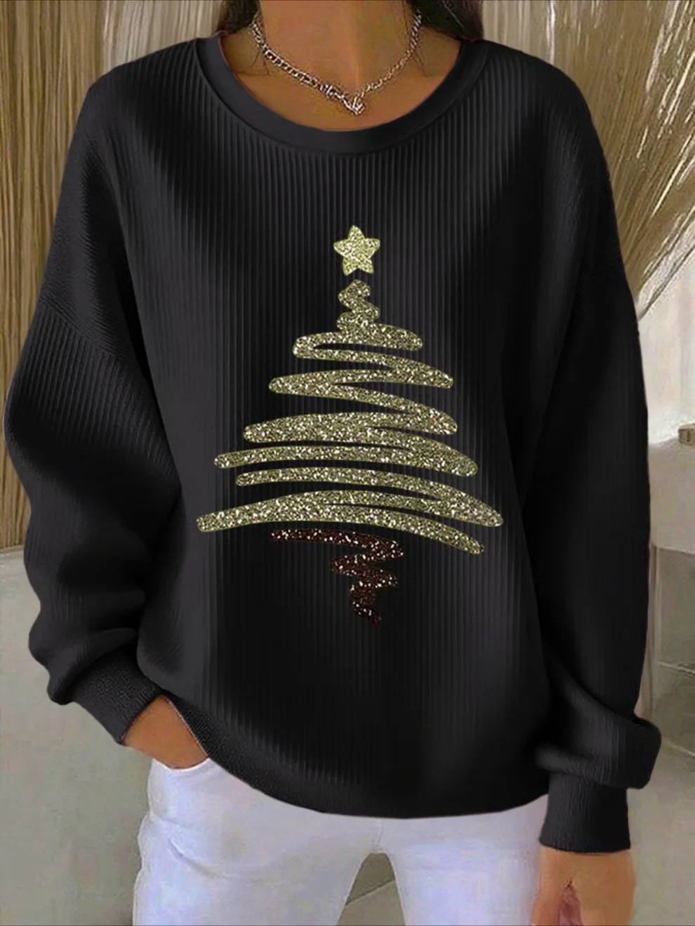 Women's Pumpkin Christmas Tree Bow Print Crewneck Sweatshirt