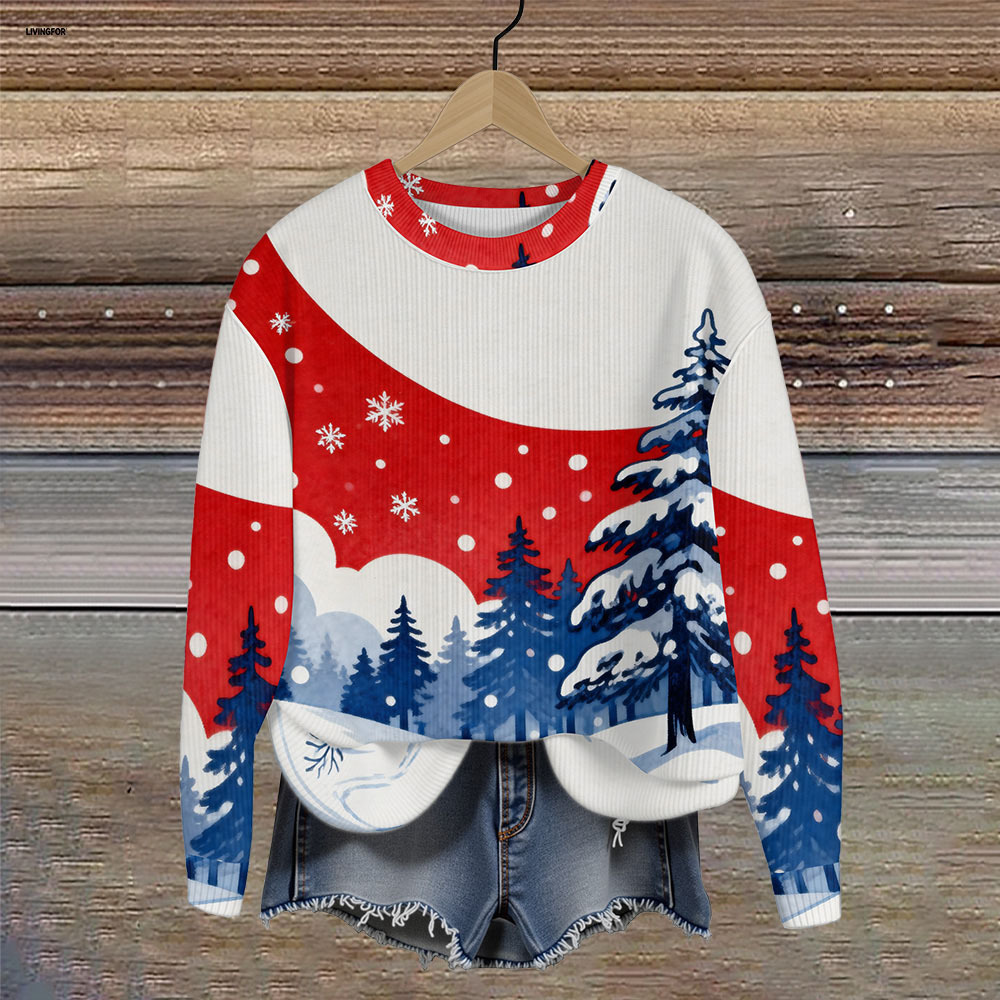 Women's Leaf Snowflake Forest Tree Print Crewneck Sweatshirt