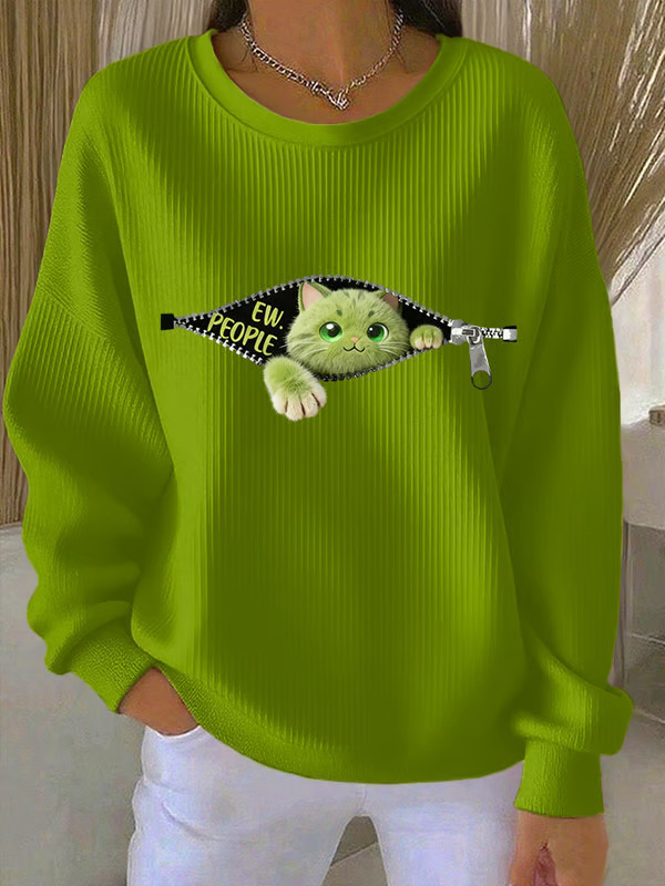 Women's Cartoon Cat Print Zip-Up Crewneck Sweatshirt