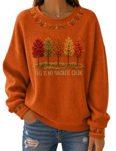 Women's Tree & Maple Leaf Print Crewneck Sweatshirt Casual Pullover