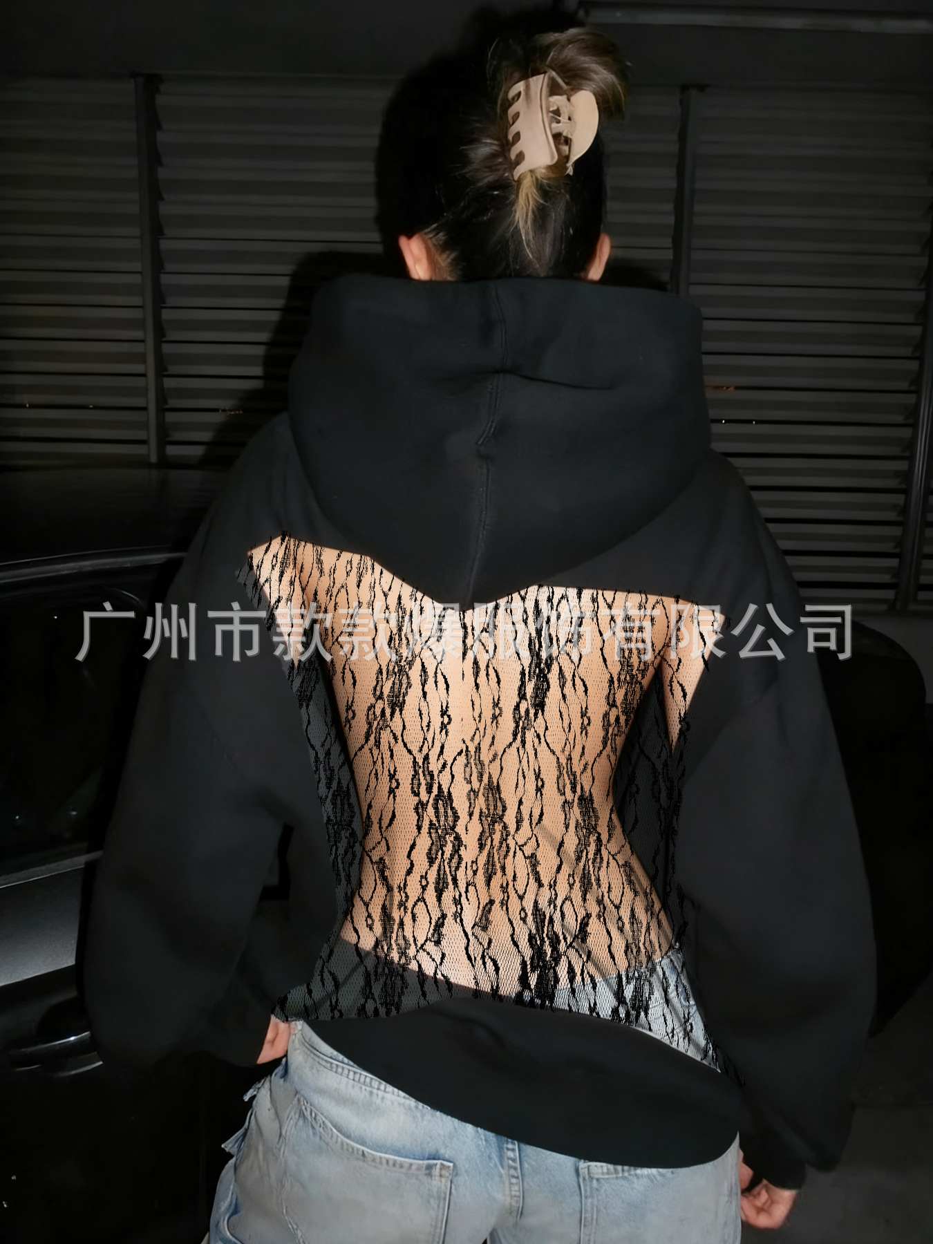 Women's Sheer Mesh Open-Back Hooded Sweatshirt