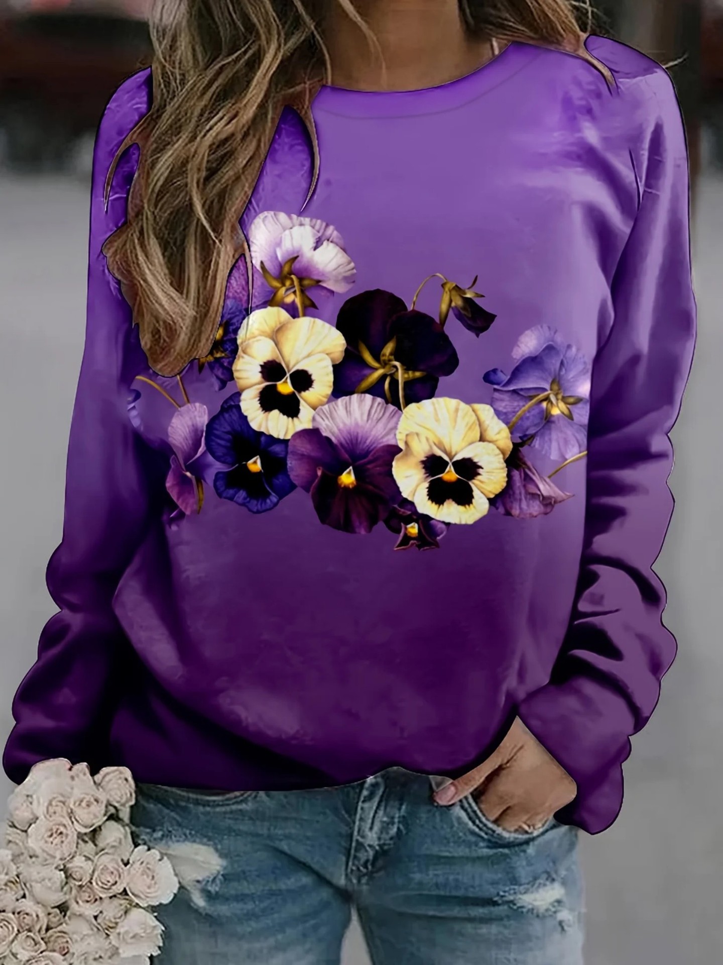 Women's Floral Butterfly Print Crewneck Sweatshirt