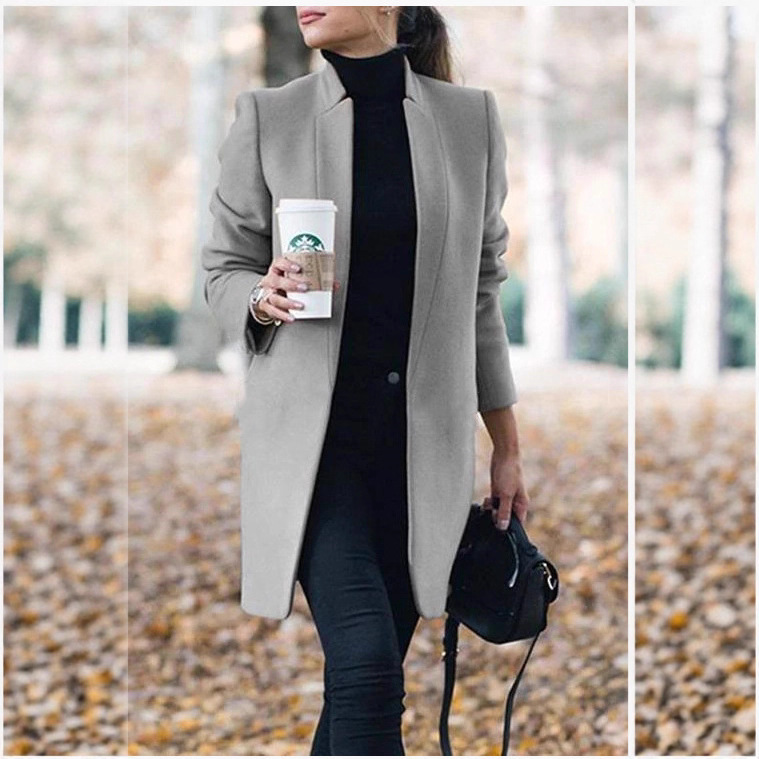 Women's Solid Color Stand Collar Woolen Coat