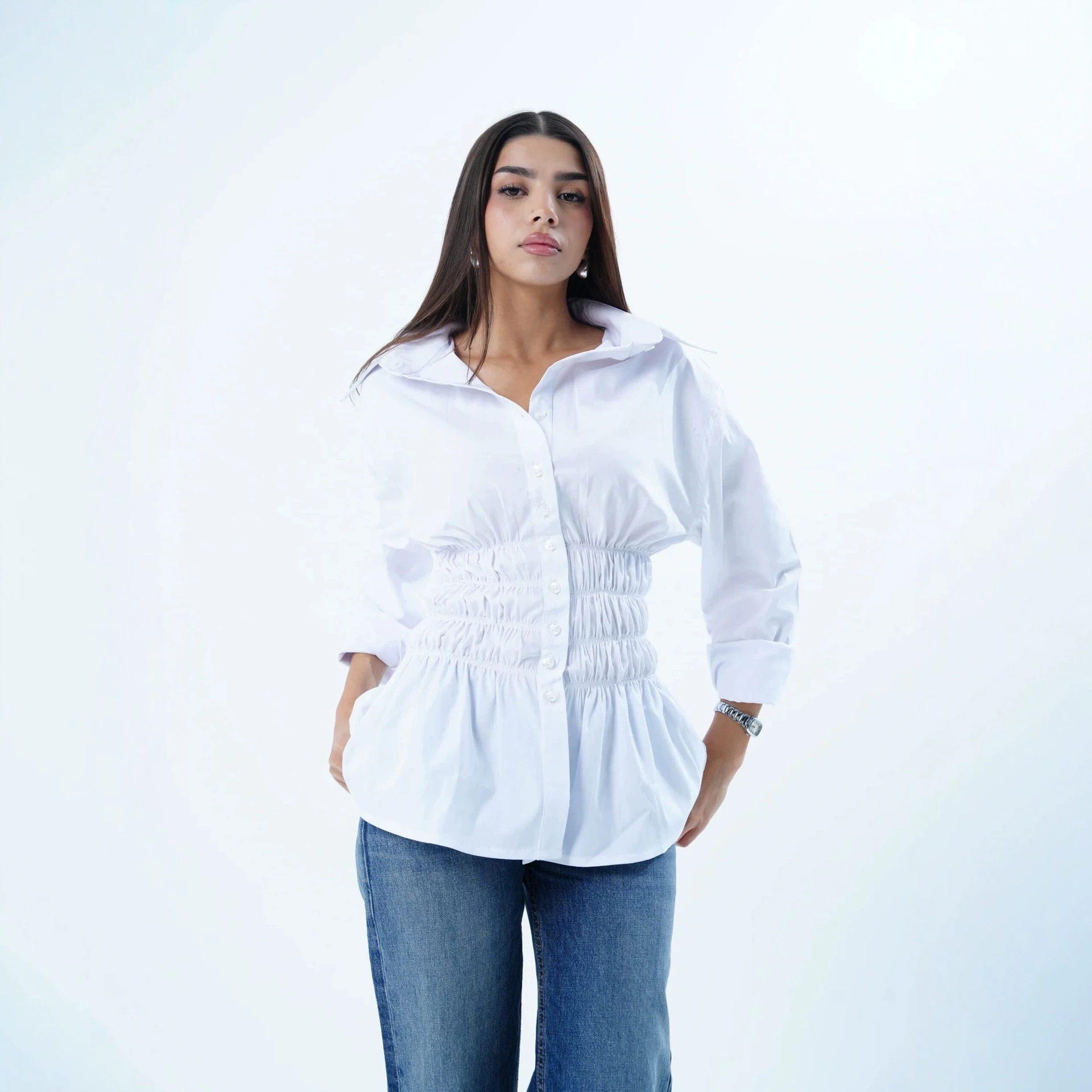 Women's Fitted Ruched Hem Button-Up Shirt