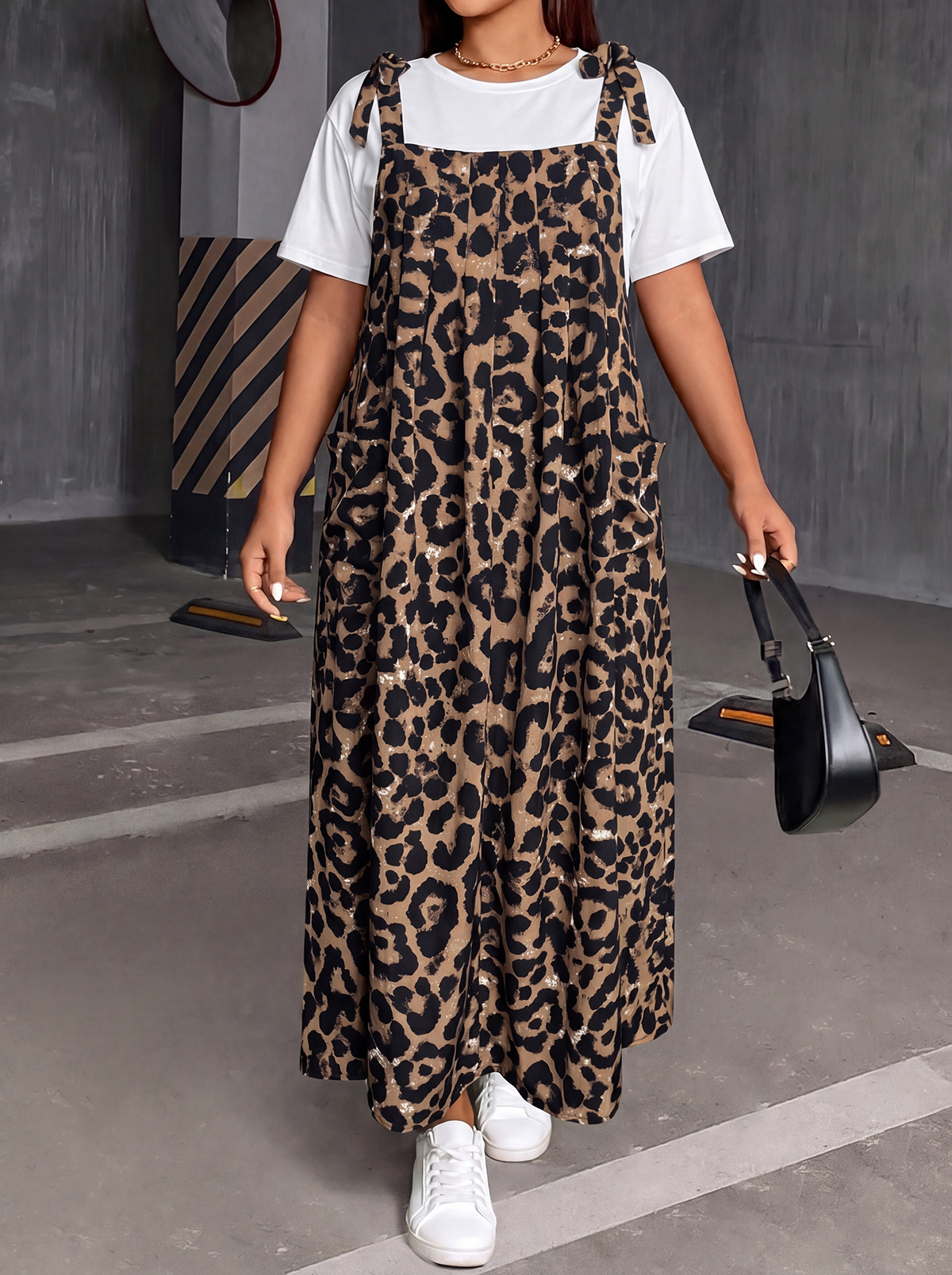 Retro Leopard Print Overall Dress Loose Fit Long Pocket Cargo Style