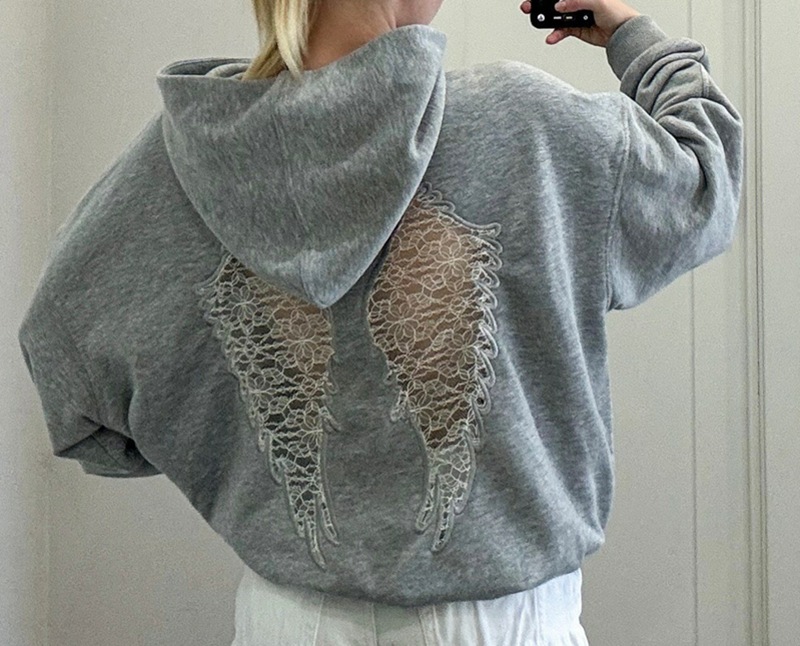 Women's Casual Hooded Cutout Embroidered Wing Long-Sleeve Sweatshirt