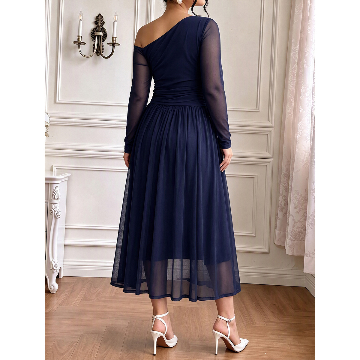 Women's One-Shoulder Mesh Long-Sleeve Midi Dress with Decorative Buttons and Pleated High Waist