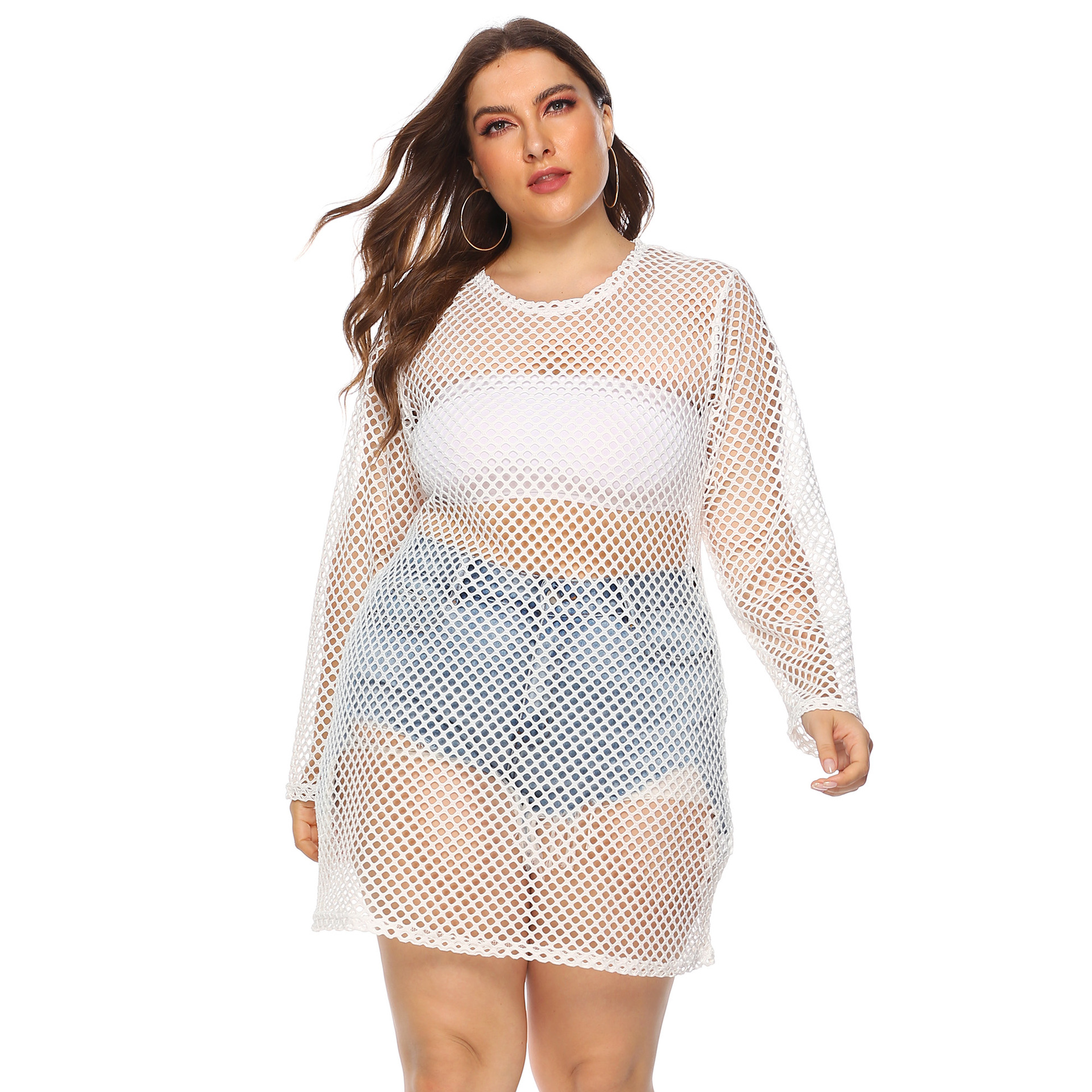 Women's Sheer Mesh Hollow-Out Beach Bikini Cover-Up Dress