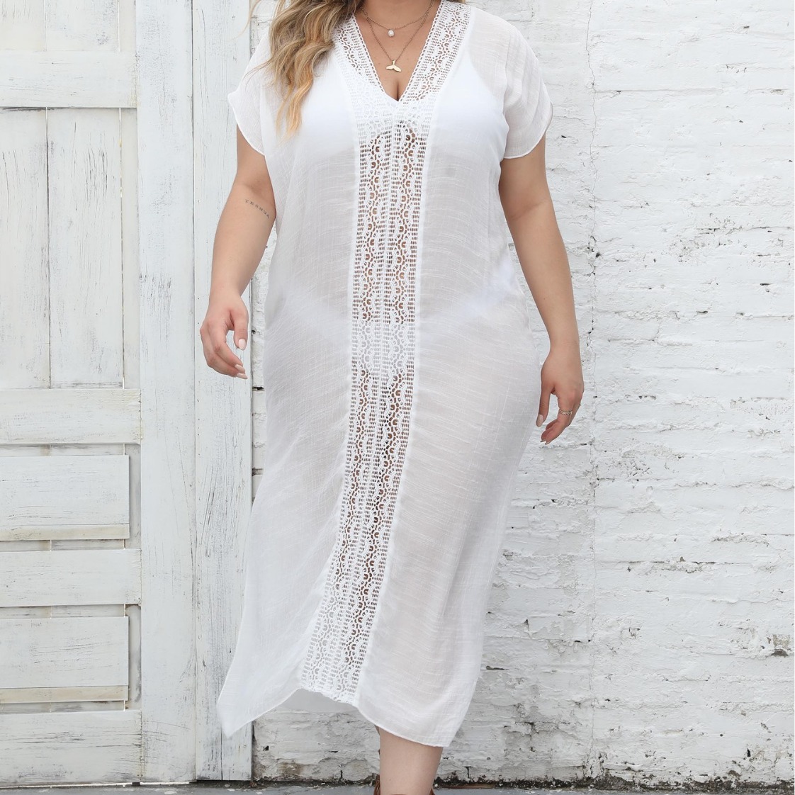 Women's Lace Panel V-Neck Slit Beach Dress Cover-Up