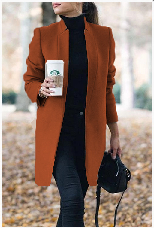 Women's Solid Color Stand Collar Woolen Coat