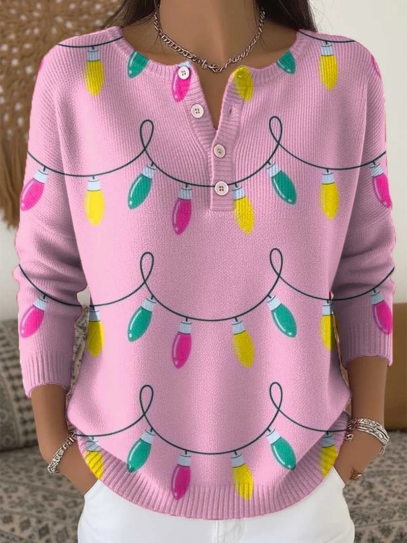 Women's Christmas Animal Lantern Print Button Sweatshirt