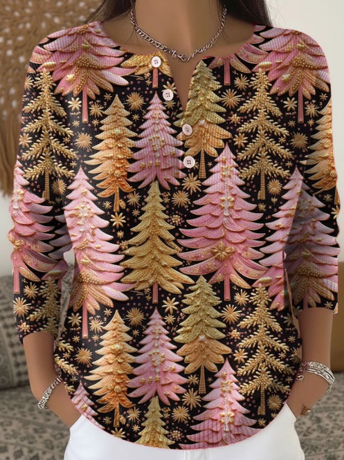 Women's Christmas Dinosaur Forest Print Button Sweatshirt