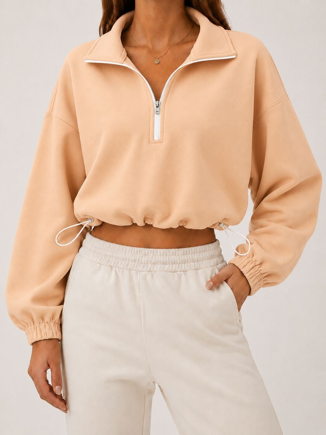 Women's Solid Half-Zip Collared Cropped Hoodie with Drawstring Waist